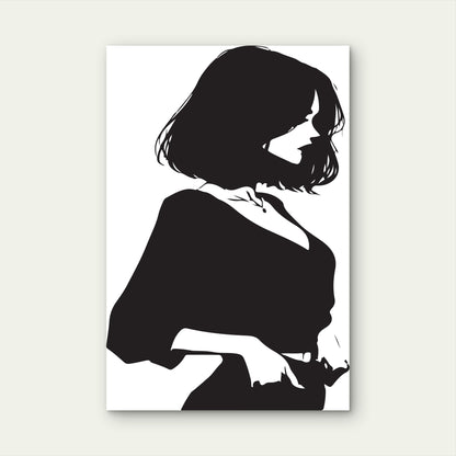Minimalist Black White Anime Woman Silhouette 40x60cm Metal Print Ready to Hang