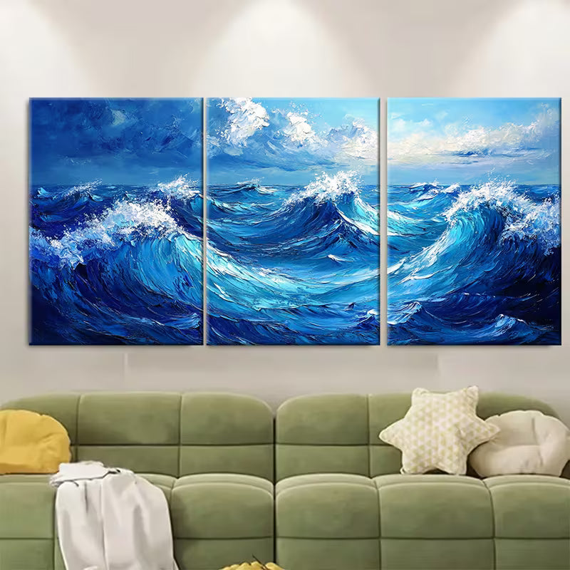 3pcs Abstract Blue Sea Wave Metal Print Ready to Hang Art - Bella Home Decor