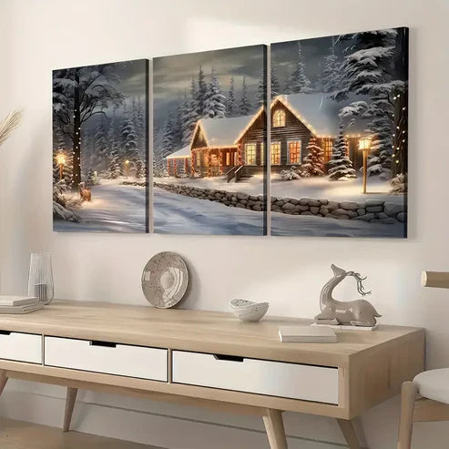 3pcs Modern Forest Igloo Landscape Art Winter Wall Art Set Canvas Unframed - High Quality Print 100% Australian Made Wall Canvas
