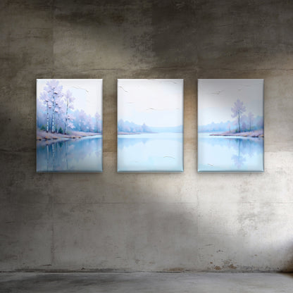 3pcs Serene Winter Lake Birch Trees Wall Art Set Canvas Framed 50x70cm - High Quality Print 100% Australian Made Wall Canvas Ready to Hang