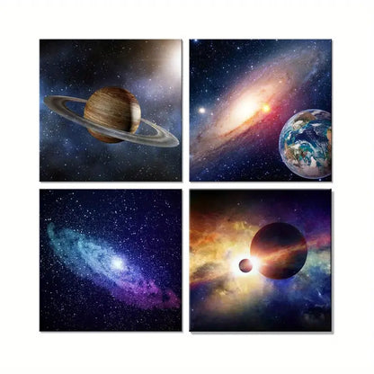 4pcs Planets & Galaxies, Hook-Style Wall Art Canvas Framed