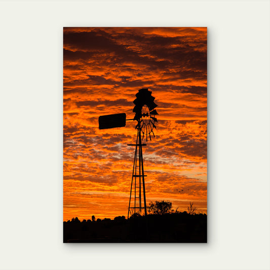 Fiery Orange Sky Ranch Station Paddock Windmill 40x60cm Metal Print Ready to Han