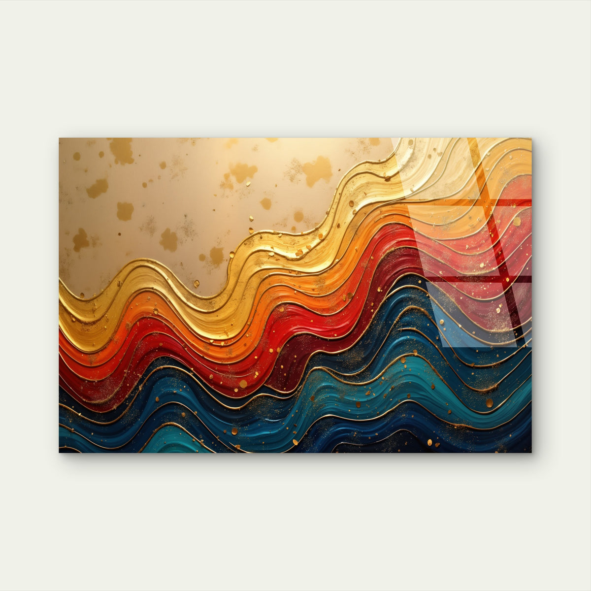Abstract Bold Blue Red Gold Foil Wave Acrylic Glass Printing Wall Art Australian Made Quality