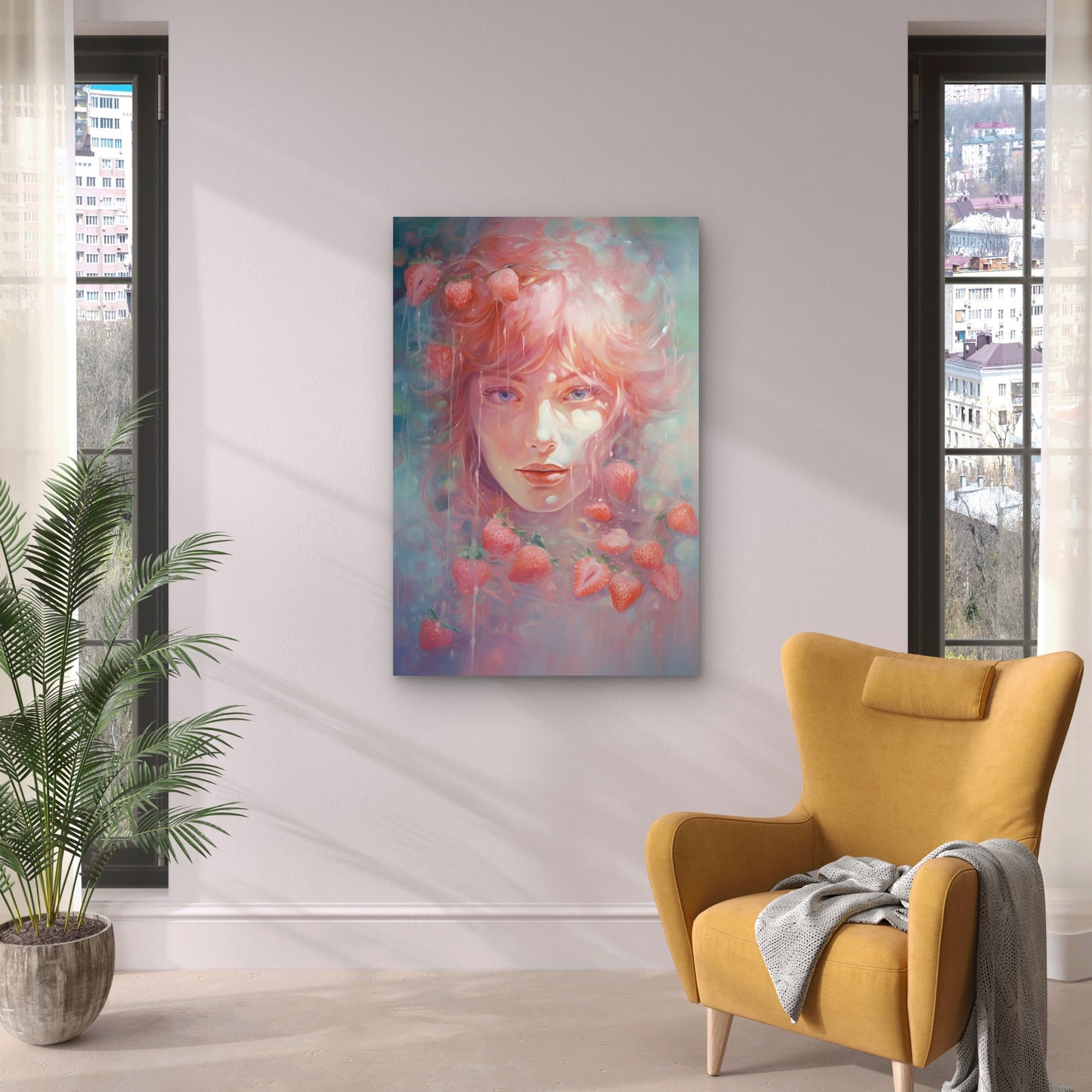 Digital Woman Portrait With Strawberries 40x60cm Metal Print Ready to Hang