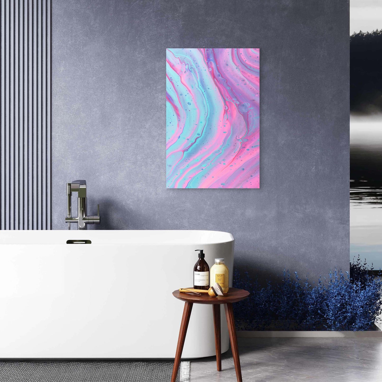 Pink And Blue Abstract Fluid Art 60x90cm Metal Print Ready to Hang
