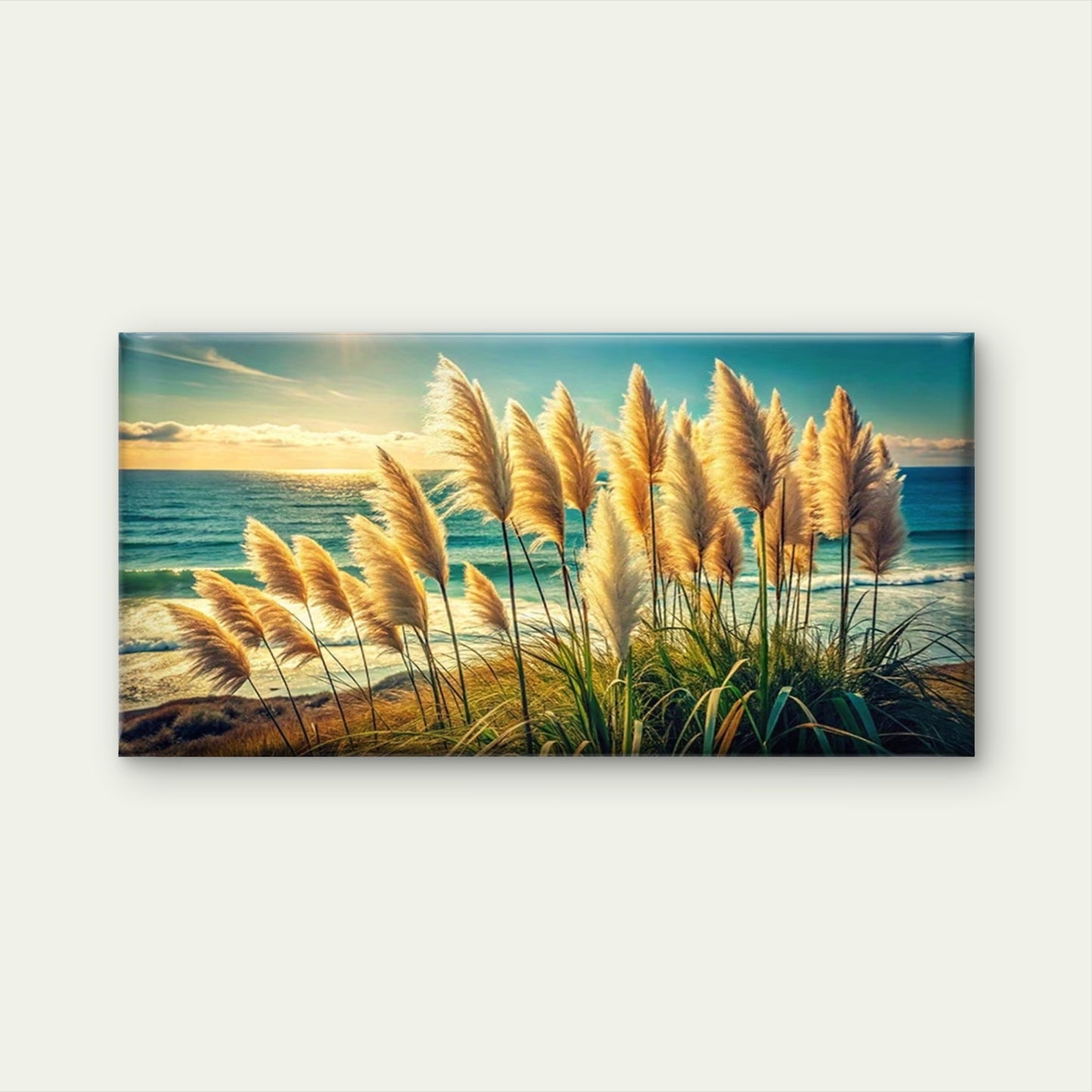 Pampas Grass Swaying Sea Wall Art Canvas Office Home Room Framed 120x60cm