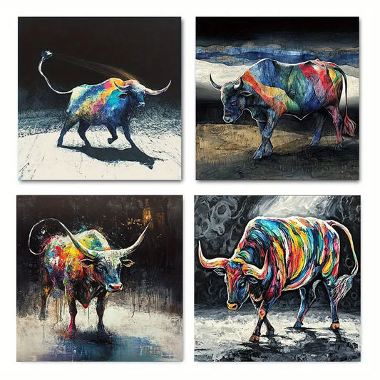 4pcs Coloured Bullfight Wall Art Canvas Framed