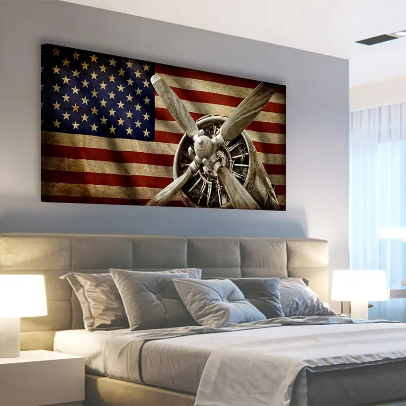 Vintage American Flag Airplane Propeller Wall Art canvas office home room framed 120x60cm - Bella Home Decor