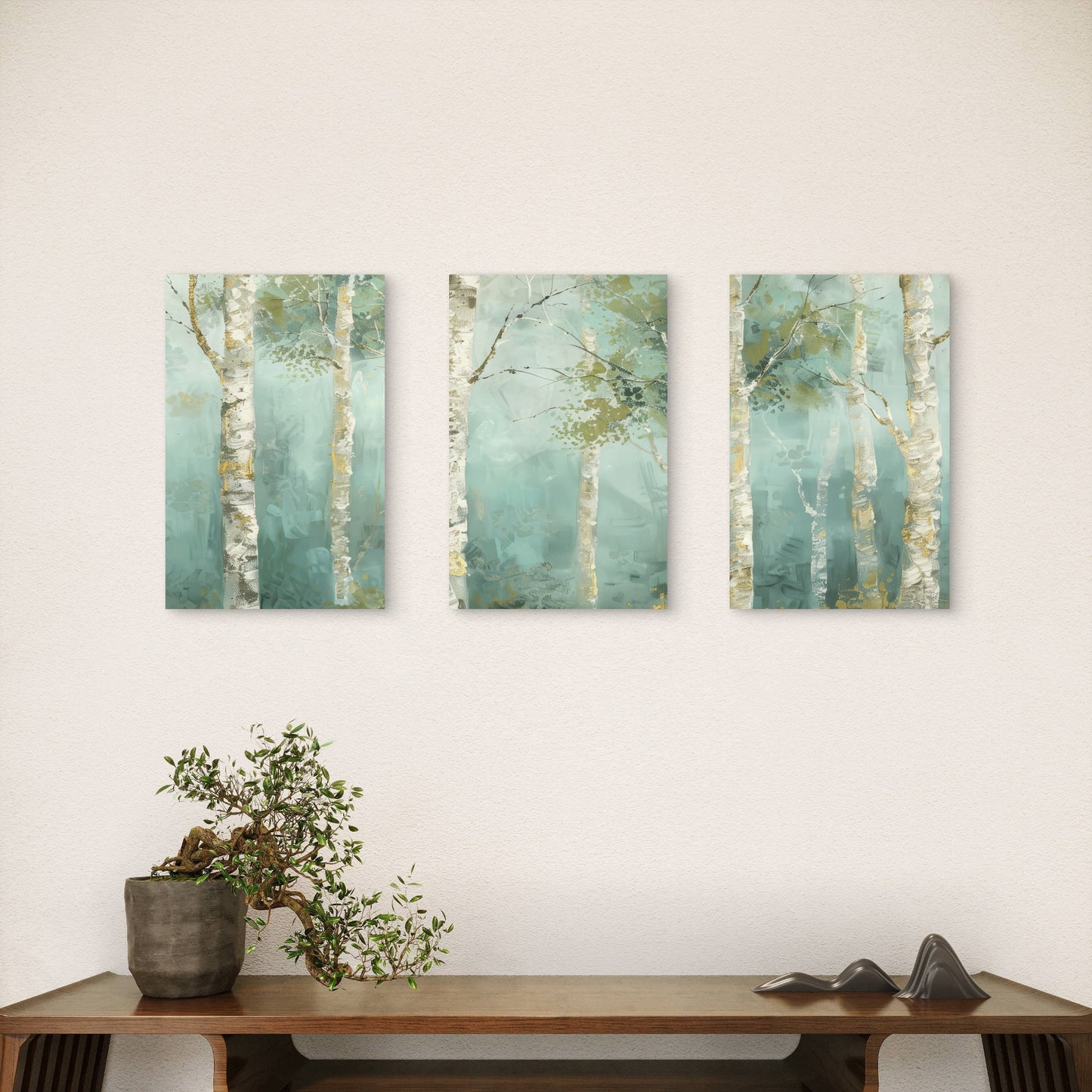 3pcs Misty Birch Tree Sage Green Forest Wall Art Set Canvas Framed 50x70cm - High Quality Print 100% Australian Made Wall Canvas Ready to Hang