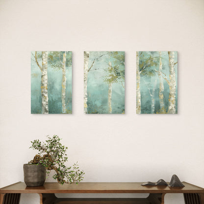 3pcs Misty Birch Tree Sage Green Forest Wall Art Set Canvas Framed 50x70cm - High Quality Print 100% Australian Made Wall Canvas Ready to Hang