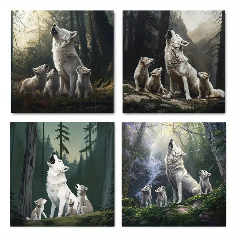 4pcs Beautiful Mother Wolf With Pup Wall Art Canvas Framed