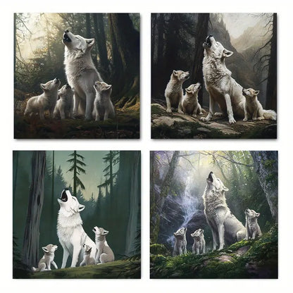 4pcs Beautiful Mother Wolf With Pup Wall Art Canvas Framed