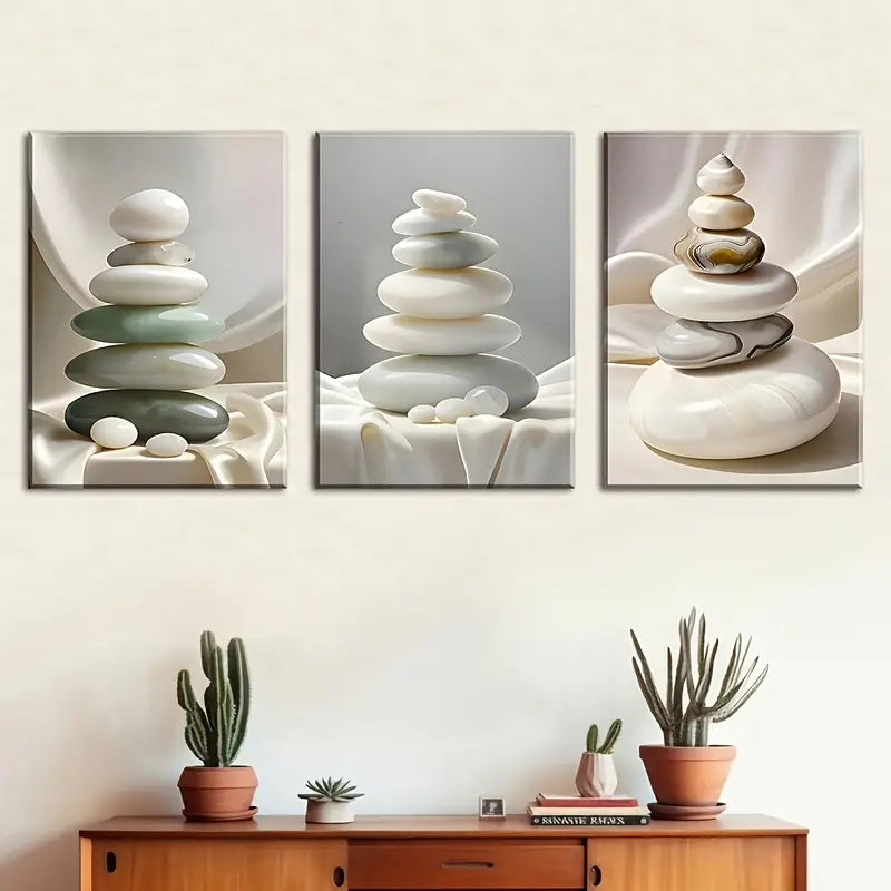 3pcs Stacked Pebbles in Scenic Views White Stones Metal Print Ready to Hang Art