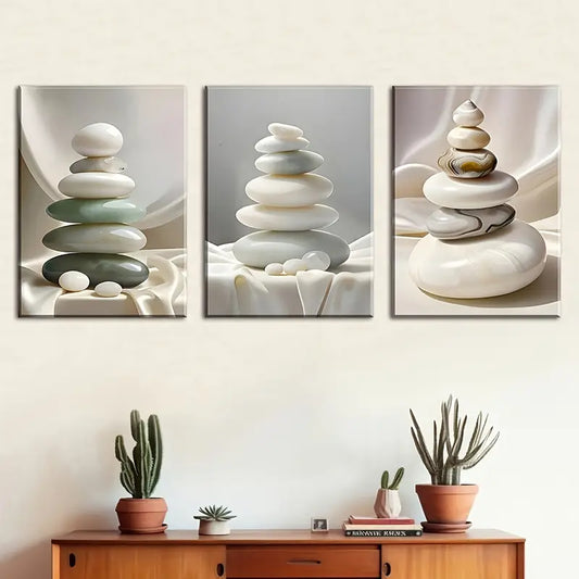 3pcs Stacked Pebbles in Scenic Views White Stones Metal Print Ready to Hang Art