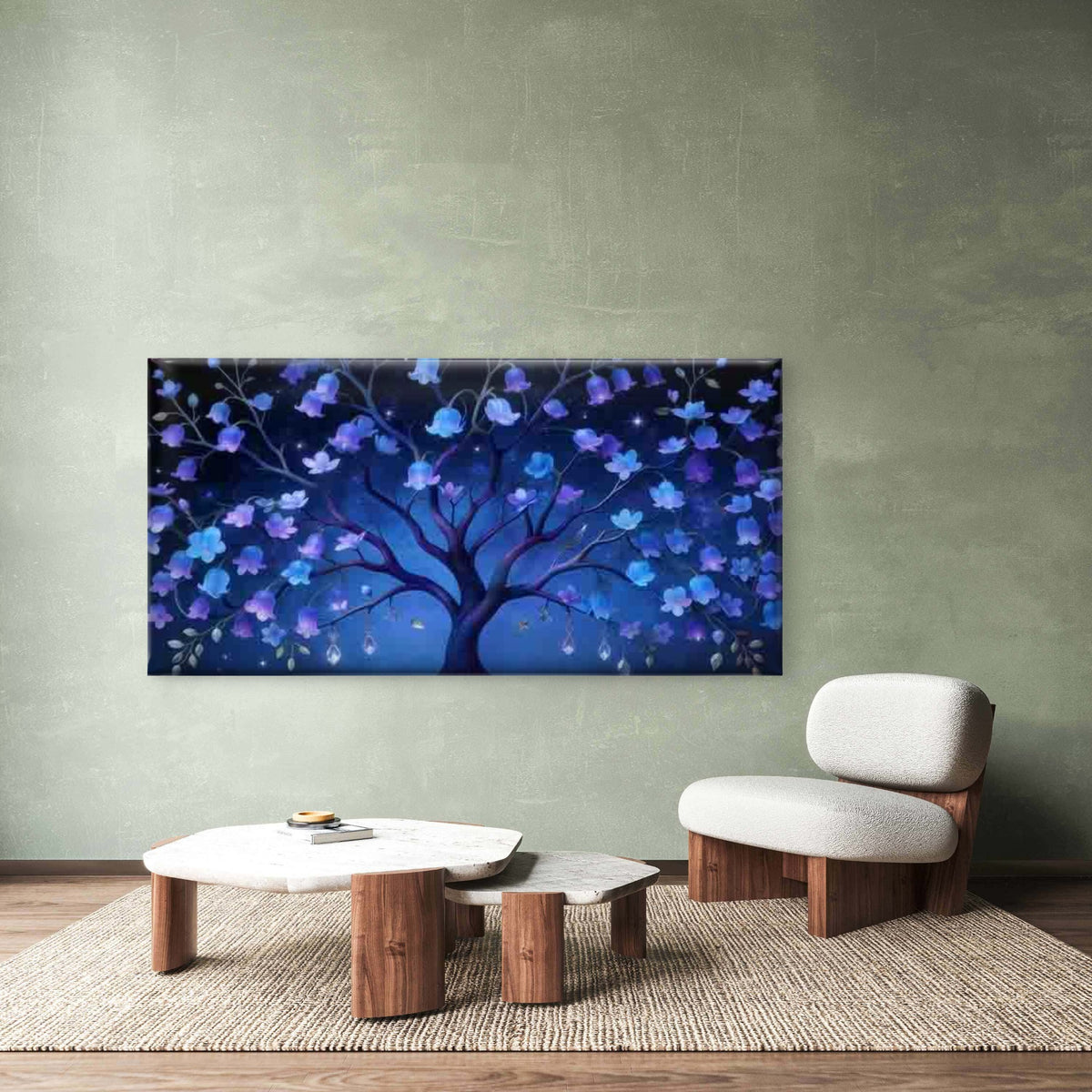 Dreamy Blue And Purple Blossom Wall Art Canvas Office Home Room Framed 120x60cm