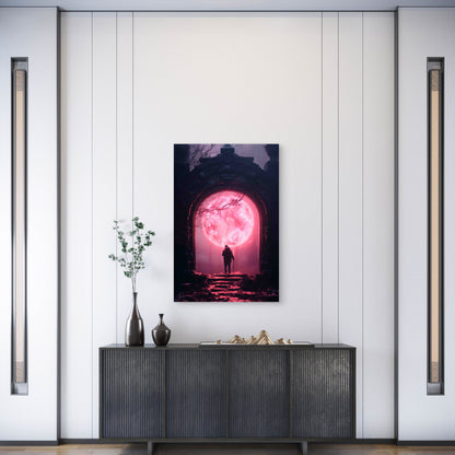 Lone Figure Standing Before An Ancient Dark Stone Arch Metal Print Ready to Hang