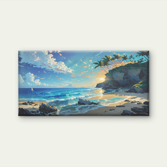 Tropical Beach Sunset Scene Wall Art Canvas Office Home Room Framed 120x60cm