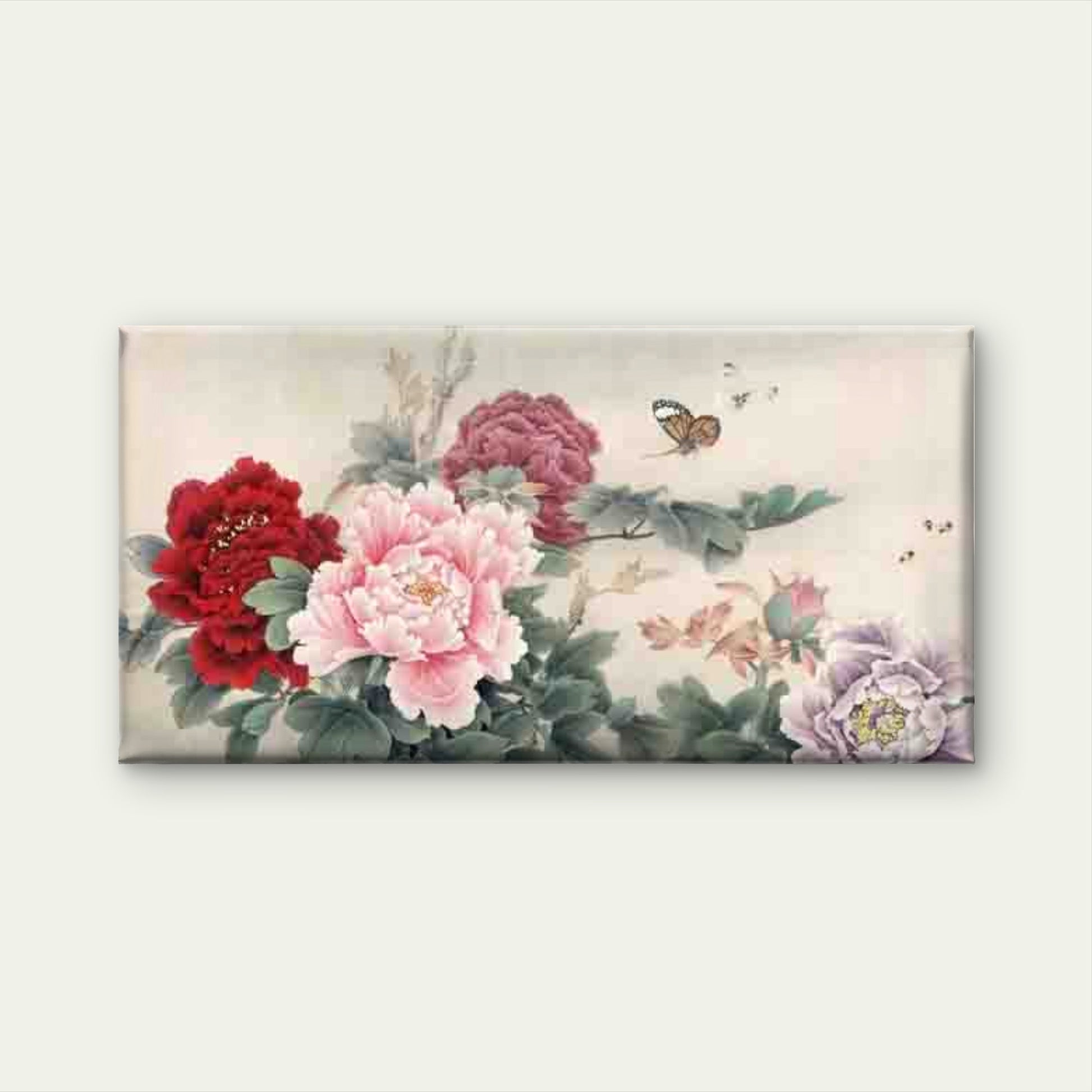 Blooming Peonies And Butterflie Wall Art Canvas Office Home Room Framed 120x60cm - Bella Home Decor