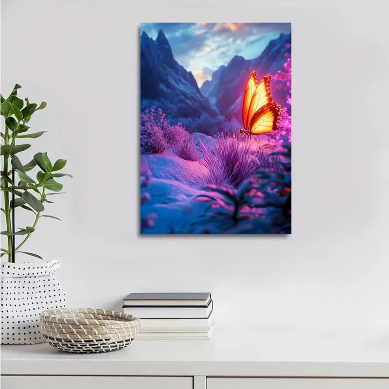 Realistic Snowy Mountain Butterfly Scene with Neon 40x60cm Metal Print Ready to Hang - Bella Home Decor