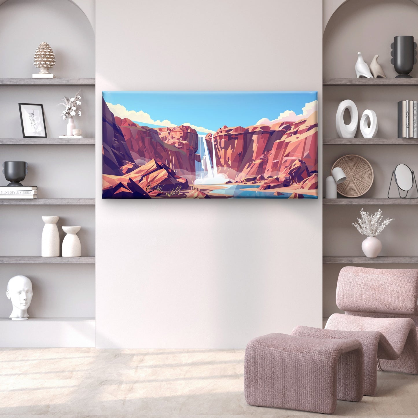 Geometric Canyon Waterfall Wall Art Canvas Office Home Room Framed 120x60cm