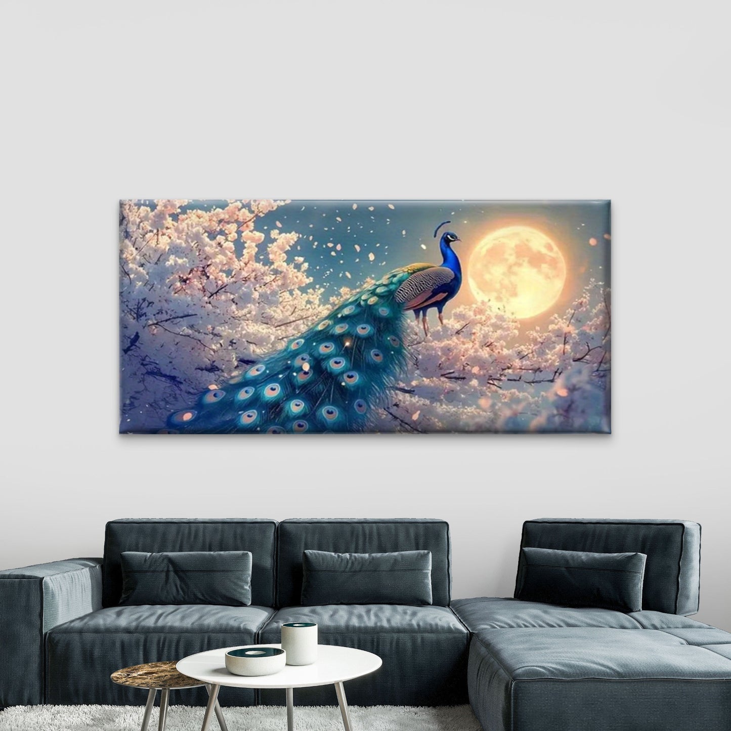 Peacock & Cherry Blossoms Wall Art Canvas Office Home Room Framed 120x60cm