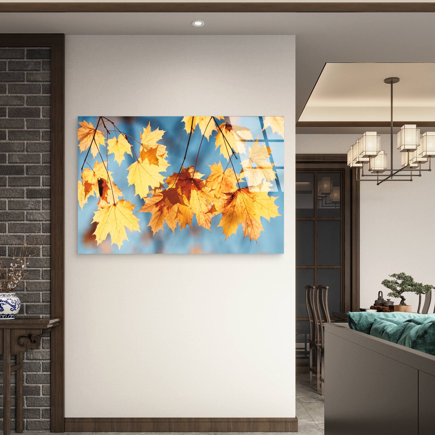 Autumn Golden Leaf Blue Sky Acrylic  Glass Printing Wall Art Australian Made Quality
