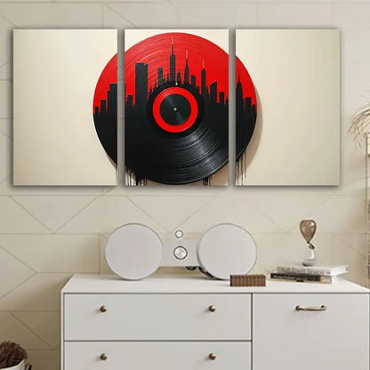 3pcs Red Black Vinyl Skyline Abstract Wall Art Set Canvas Framed 50x70cm - High Quality Print 100% Australian Made Wall Canvas Ready to Hang