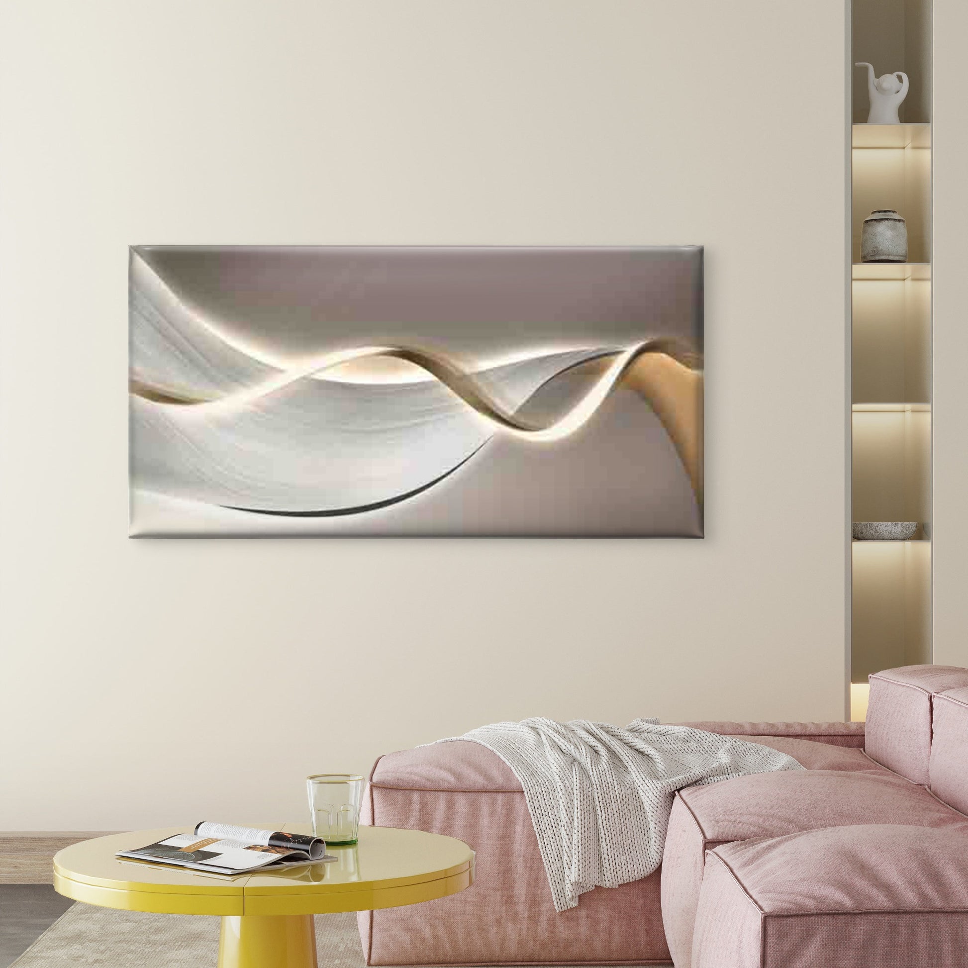 Abstract Wave Design in Neutral Wall Art Canvas Office Home Room Framed 120x60cm - Bella Home Decor