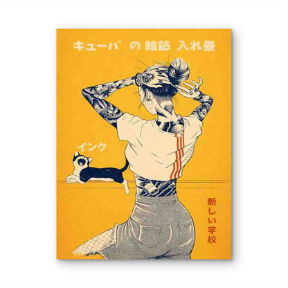 Tattoo Artwork Featuring a Cat 60x90cm Metal Print Ready to Hang - Bella Home Decor
