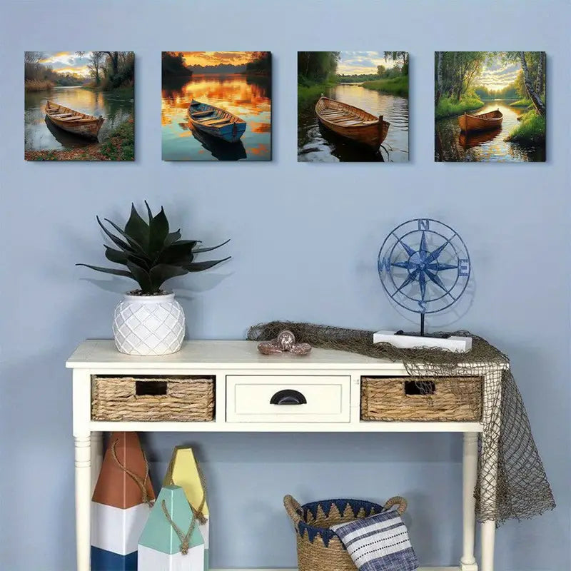 4pcs  Sunset Lake Boat Scenes Wall Art Canvas Framed