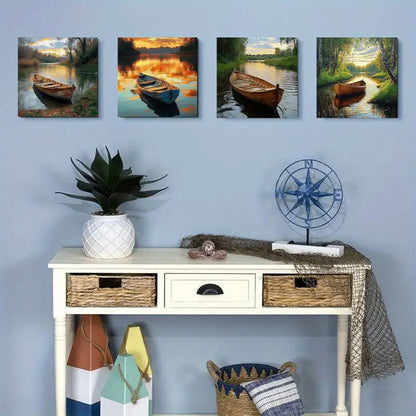 4pcs  Sunset Lake Boat Scenes Wall Art Canvas Framed