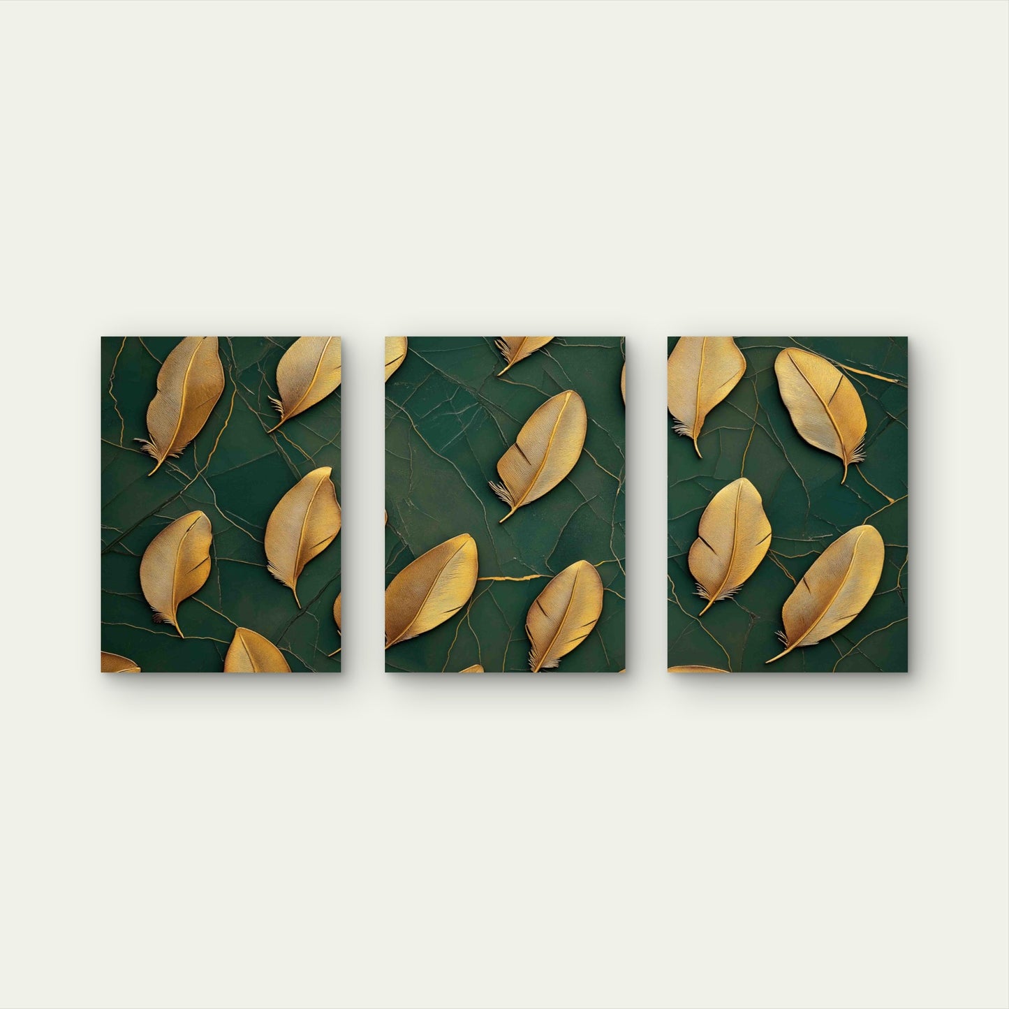 3pcs Golden Feathers Arranged Dark Green Cracked Metal Print Ready to Hang Art - Bella Home Decor
