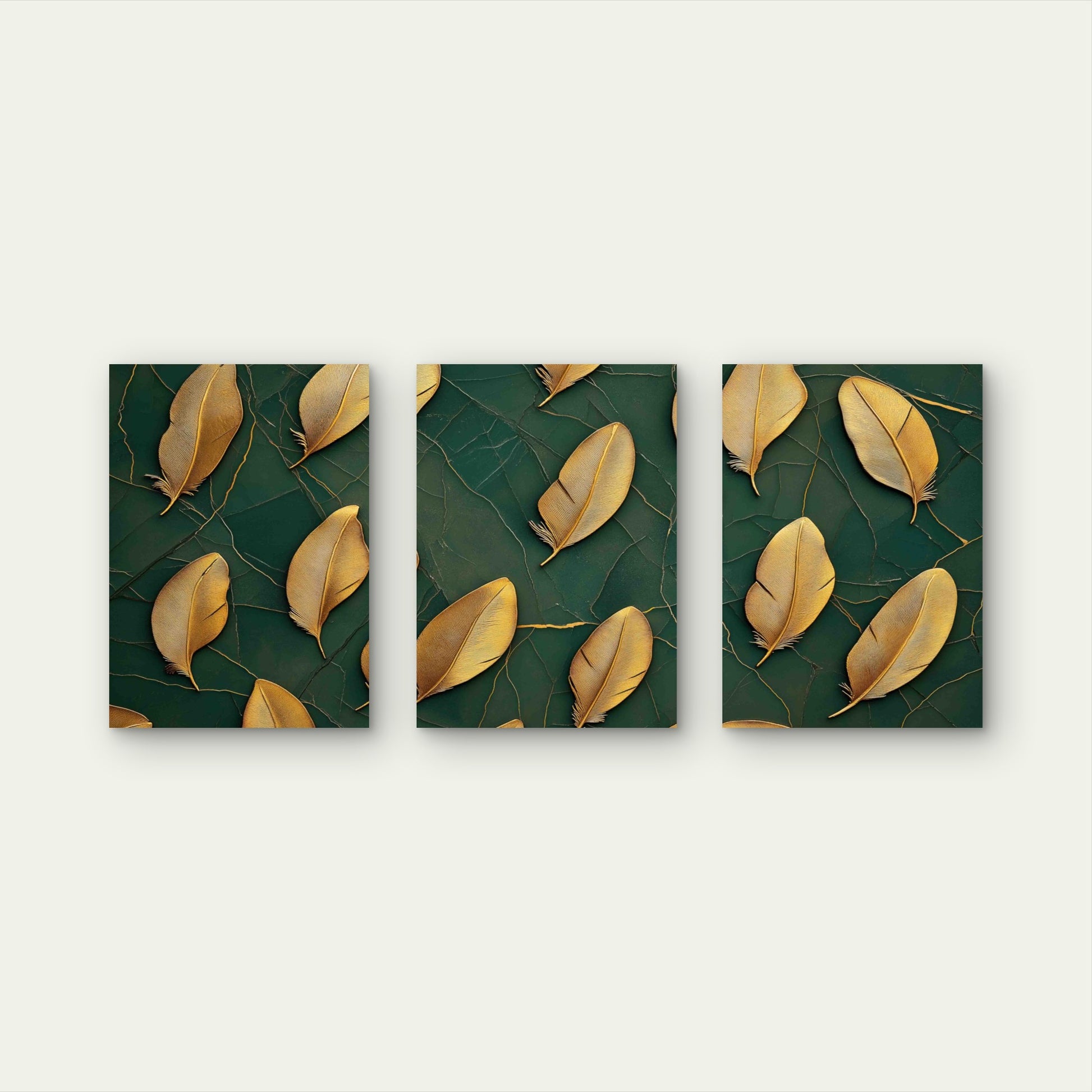 3pcs Golden Feathers Arranged Dark Green Cracked Metal Print Ready to Hang Art - Bella Home Decor