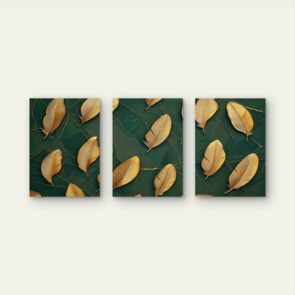 3pcs Golden Feathers Arranged Dark Green Cracked Metal Print Ready to Hang Art - Bella Home Decor