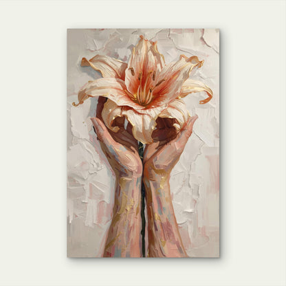 Modern Heavy Impasto Holding Flower Bloom 40x60cm Metal Print Ready to Hang