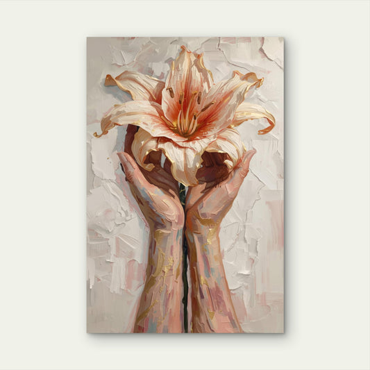 Modern Heavy Impasto Holding Flower Bloom 40x60cm Metal Print Ready to Hang