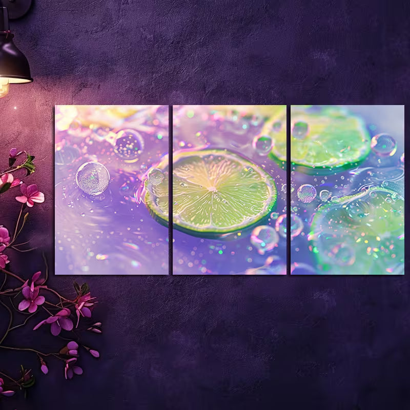 3pcs Sparkling Water and Lime Slices Close-Up Wall Art Set Canvas Framed 40x60cm - High Quality Print 100% Australian Made Wall Canvas Ready to Hang