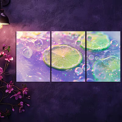 3pcs Sparkling Water and Lime Slices Close-Up Wall Art Set Canvas Framed 60x90cm - High Quality Print 100% Australian Made Wall Canvas Ready to Hang
