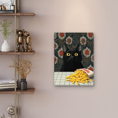 Black Cat with French Fries 60x90cm Metal Print Ready to Hang