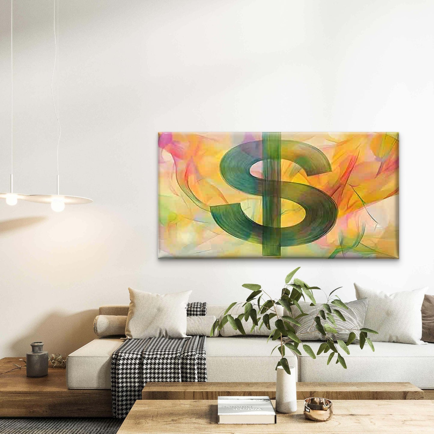 Green Dollar Sign as the Main Wall Art Canvas Office Home Room Framed 120x60cm