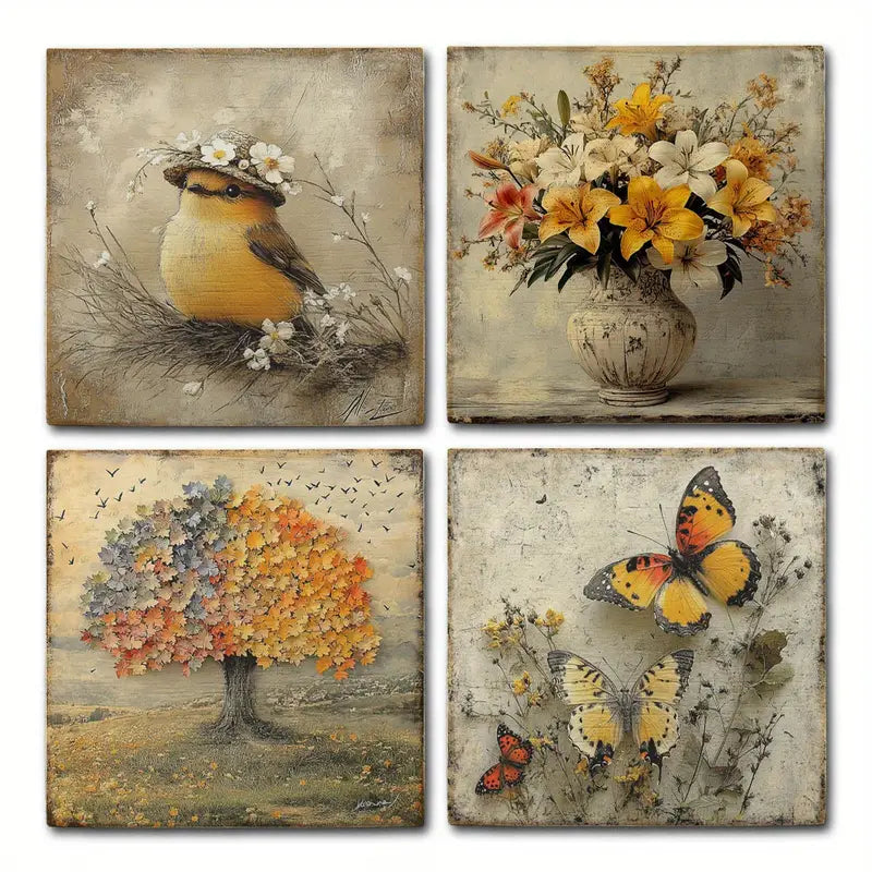 4pcs Bird, Tree And Butterfly,Yellow Flower Vase Wall Art Canvas Framed