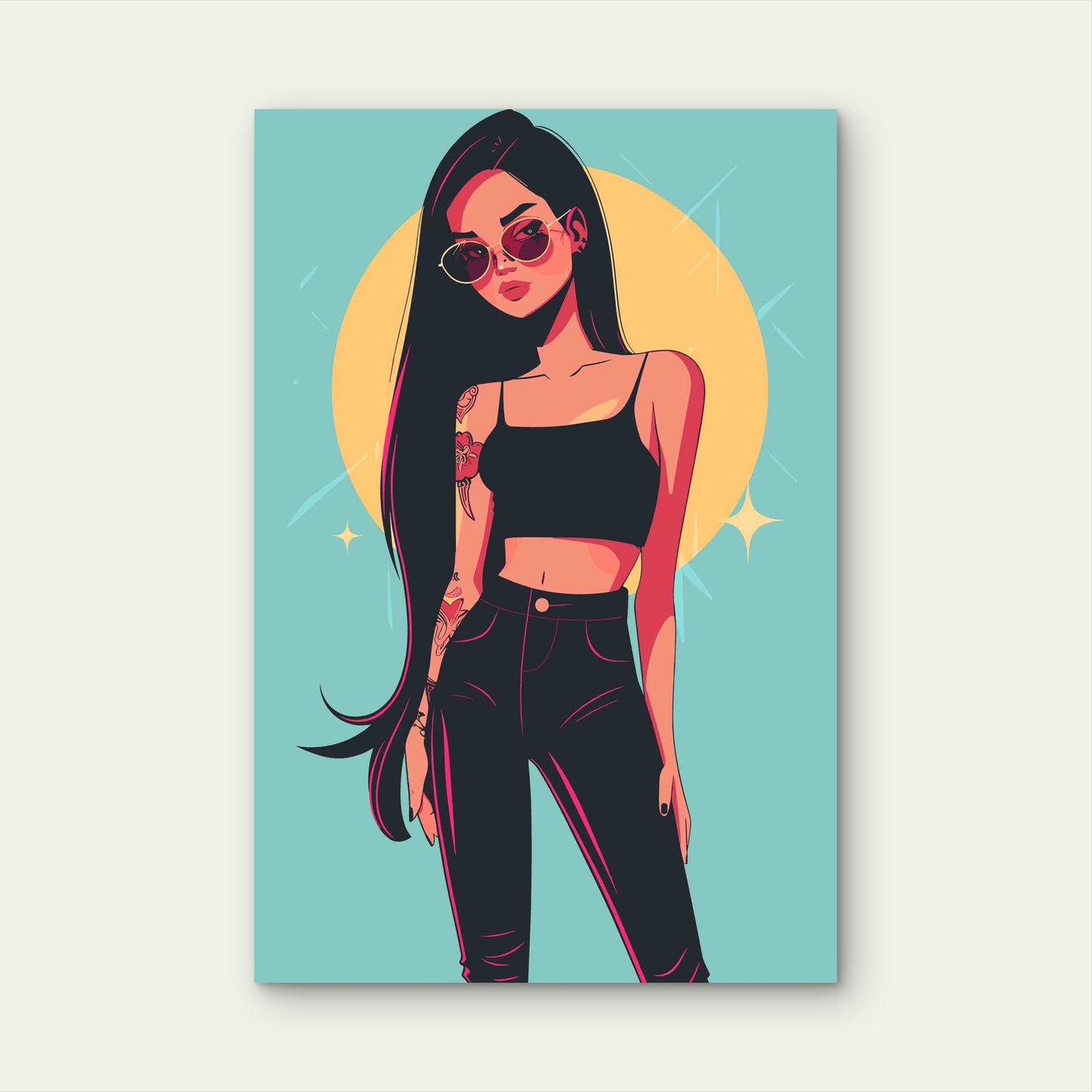 Stylish Pop Art Illustration Of A Girl In Black Cloth 60x90cm Metal Print Ready to Hang