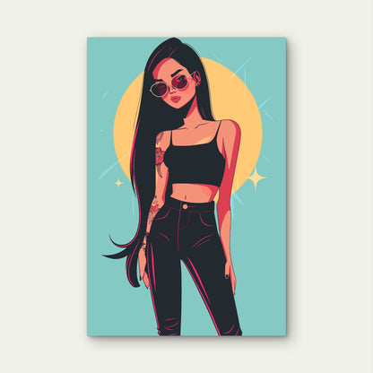 Stylish Pop Art Illustration Of A Girl In Black Cloth 60x90cm Metal Print Ready to Hang