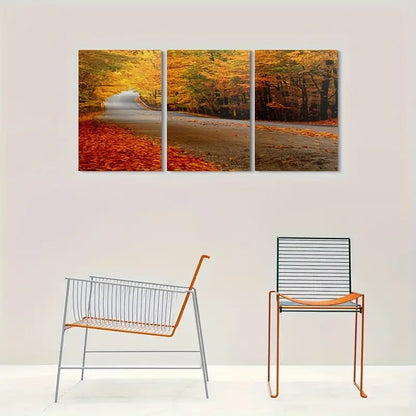 3pcs Autumn Road With Golden Leaves Metal Print Ready to Hang Art - Bella Home Decor