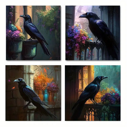 4pcs Painting Black Crow Wall Art Canvas Framed