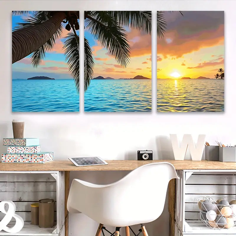 3pcs Tropical Beach Sunset Palm Ocean View Wall Art Set Canvas Framed 40x60cm - High Quality Print 100% Australian Made Wall Canvas Ready to Hang