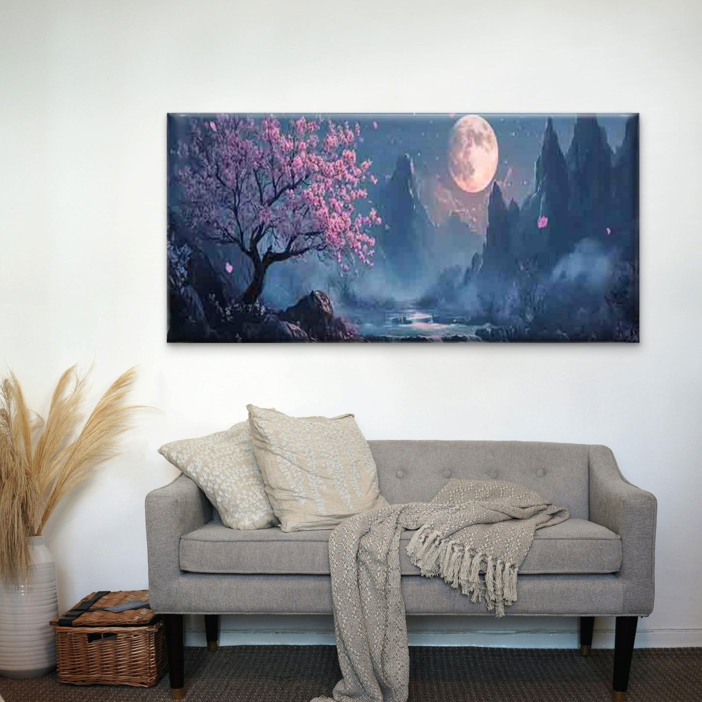Asian Full Moon & Orchid Tree Wall Art Canvas Office Home Room Framed 120x60cm - Bella Home Decor