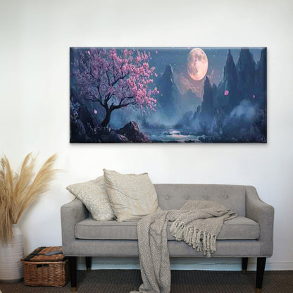 Asian Full Moon & Orchid Tree Wall Art Canvas Office Home Room Framed 120x60cm - Bella Home Decor