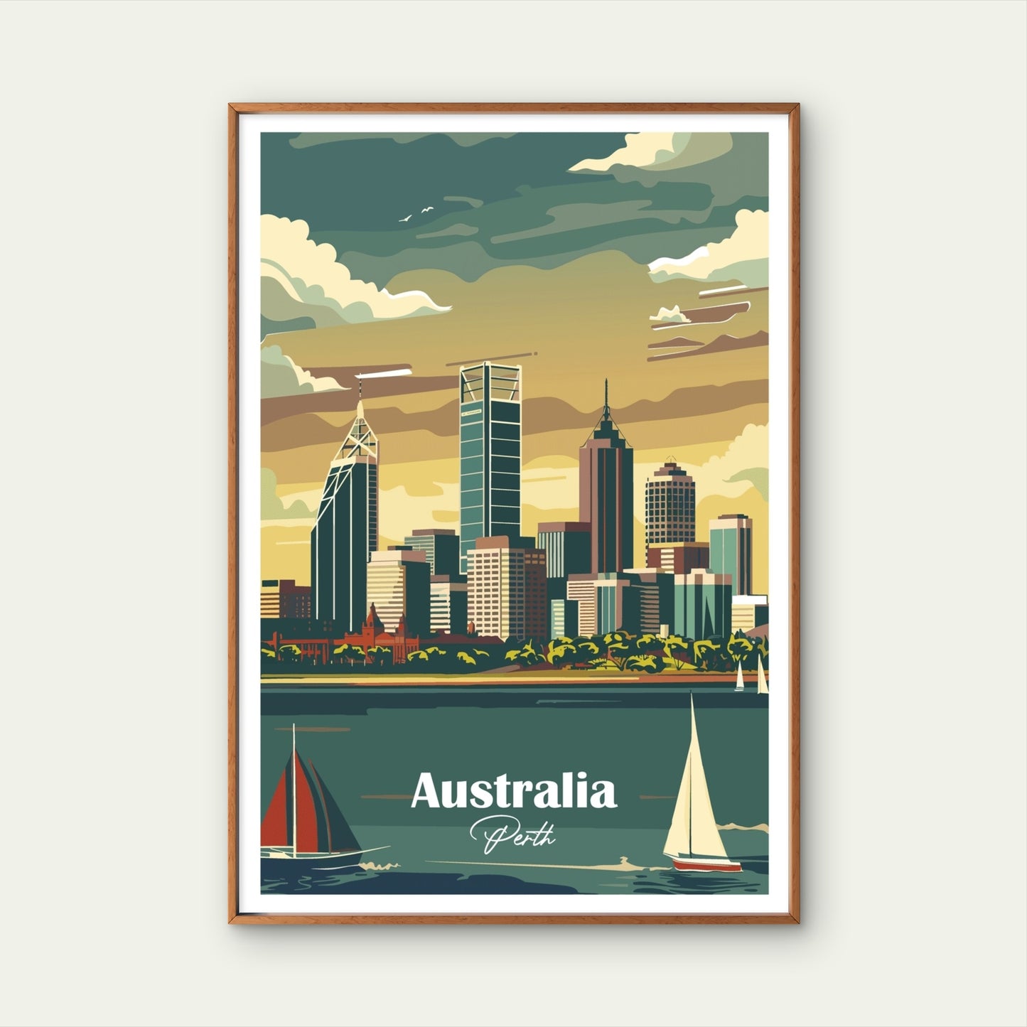 Perth Australia Skyline City River Sailboat Travel Poster Print Wall Art