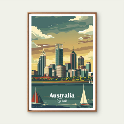 Perth Australia Skyline City River Sailboat Travel Poster Print Wall Art